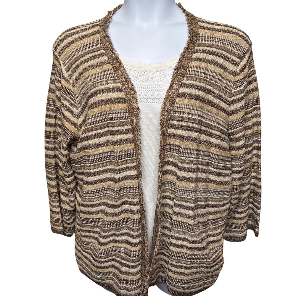 NWT ALFRED DUNNER Metallic Brown Striped Cardigan/Blouse Set 3X Fringed Coastal